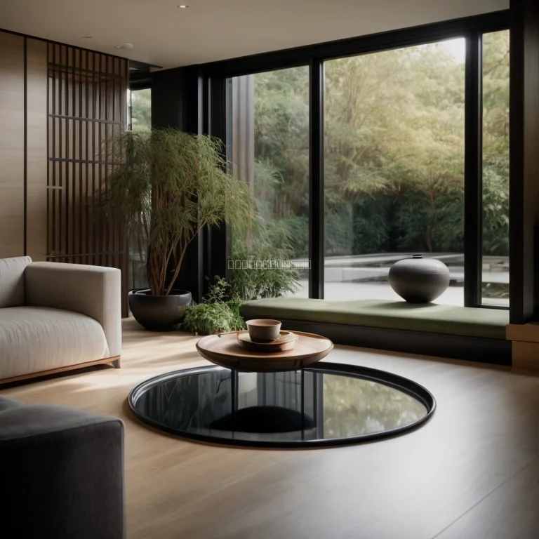 Executive in a modern museum setting practicing guided Zen meditation